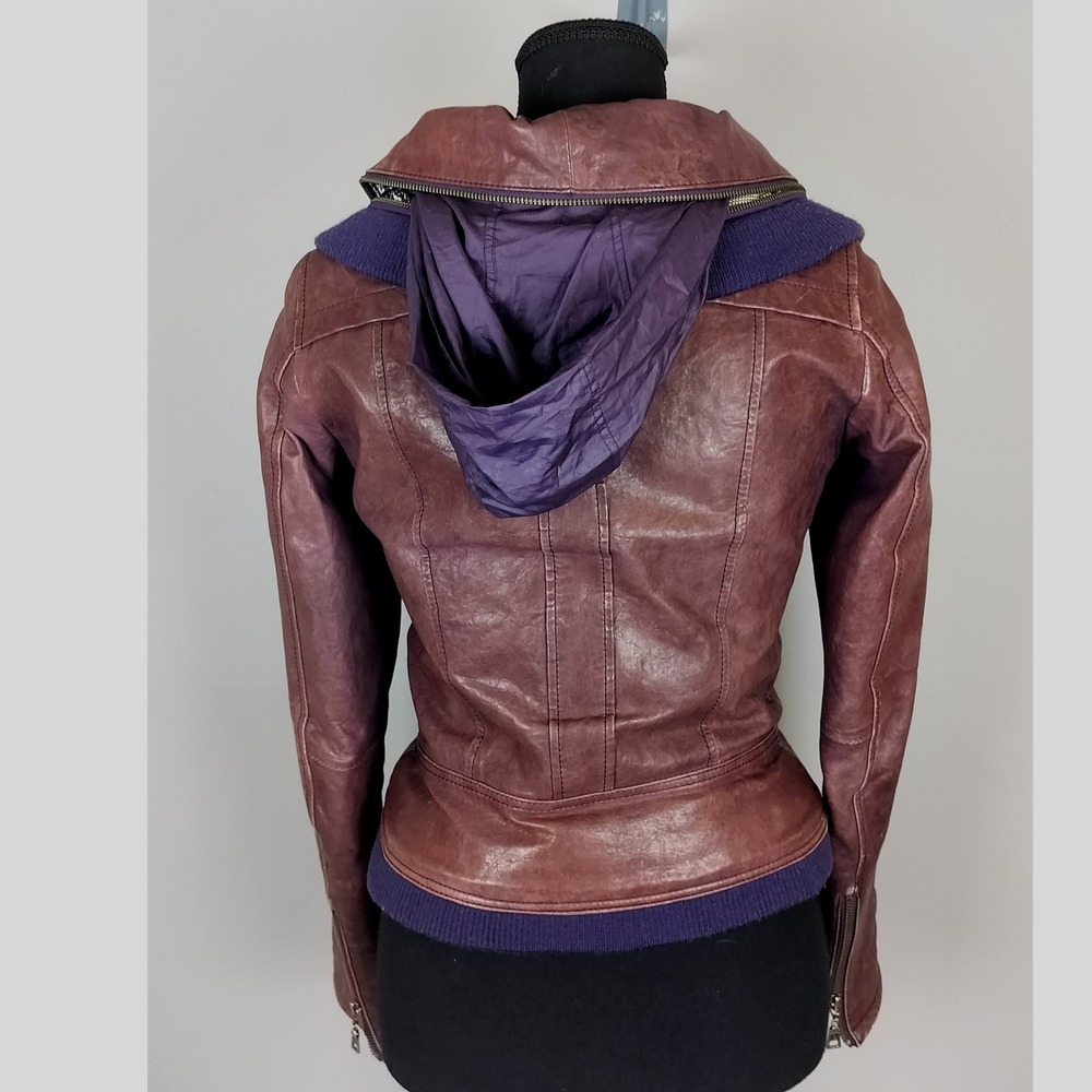 Danier Italian Leather Hooded Bomber Jacket‎ Womens 2XS Purple Ribbed Wool Trim - Picture 2 of 15